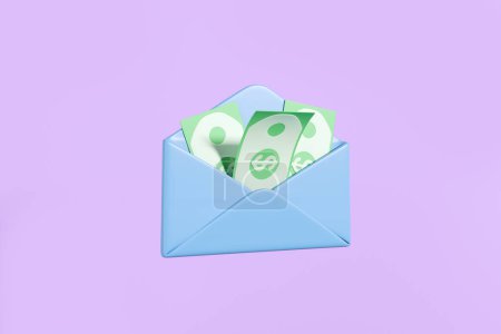Photo for Dollar banknotes in blue mail envelope. Concept of money and salary. 3D rendering - Royalty Free Image