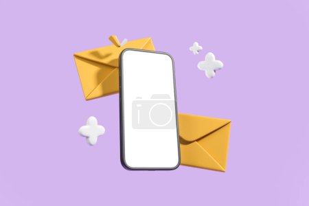 Photo for Smartphone mock up empty screen, mail envelopes and notification. Concept of mobile app and new message. 3D rendering - Royalty Free Image