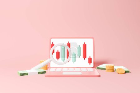 Foto de Laptop mockup pantalla vacía, candelabros del mercado de valores y lupa sobre fondo rosa. Concepto de finanzas y comercio en línea. Renderizado 3D - Imagen libre de derechos
