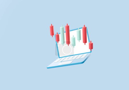 Photo for Laptop mockup empty screen, stock market candlesticks on blue background. Concept of investment and online trading. 3D rendering - Royalty Free Image