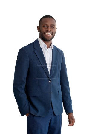 Photo for Smiling black businessman in blue formal suit, hand in pocket and looking at the camera. Isolated over white background. Concept of business and education - Royalty Free Image
