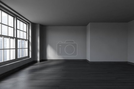 Foto de Interior oscuro de la habitación vacía con piso de madera negra. Loft de espacio abierto con ventana panorámica sobre los rascacielos de Singapur. Mockup copia espacio de la pared. Renderizado 3D - Imagen libre de derechos