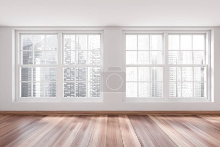 Foto de Luminoso interior de la habitación vacía con ventanas panorámicas con vistas a los rascacielos de Singapur. Pared blanca, suelo de madera. Concepto de lugar espacioso en el centro de megápolis hecho para la idea creativa. renderizado 3d - Imagen libre de derechos