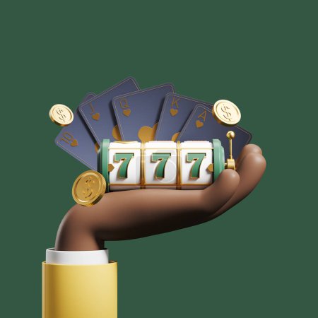 Foto de Mano de dibujos animados negro con tarjetas de color real y 777 jackpot en la máquina de casino sobre fondo verde. Concepto de ganar. Renderizado 3D - Imagen libre de derechos