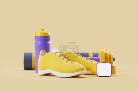 Téléchargez les photos : Montre intelligente avec écran fantaisie vide, haltères et bouteille d'eau avec baskets jaunes. Concept de fitness et de surveillance de la santé. rendu 3D - en image libre de droit