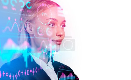Photo for Smiling businesswoman portrait on empty white background. Colorful forex hologram with business data analysis, double exposure. Concept of financial consultant. Copy space - Royalty Free Image