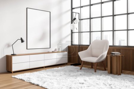 Photo for White relaxing corner interior armchair and sideboard with minimalist decoration, side view. Living room and panoramic window on skyscrapers. Mock up canvas poster. 3D rendering - Royalty Free Image