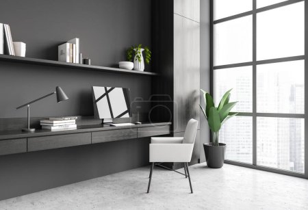 Photo for Dark home office interior with pc computer and armchair, side view. Working corner with shelf and minimalist decoration. Panoramic window on skyscrapers. 3D rendering - Royalty Free Image