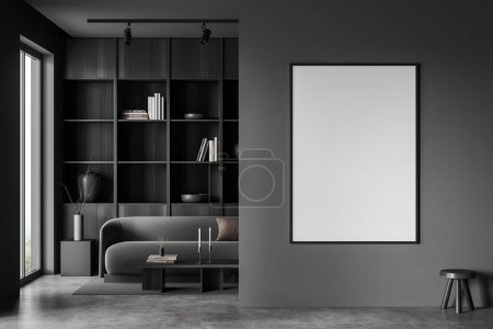 Photo for Dark living room interior with sofa and black wooden shelf with decoration, panoramic window on countryside. Mock up canvas blank poster on partition. 3D rendering - Royalty Free Image