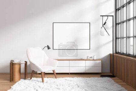 Photo for Front view on bright living room interior with empty white poster, white wall, armchair, coffee table with books, carpet, panoramic window, oak wooden floor. Concept of minimalist design. 3d rendering - Royalty Free Image