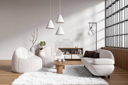 Photo for Side view on bright living room interior with armchairs, sofa, coffee table with crockery, book, white wall, panoramic window, closet, oak hardwood floor. Concept of minimalist design. 3d rendering - Royalty Free Image