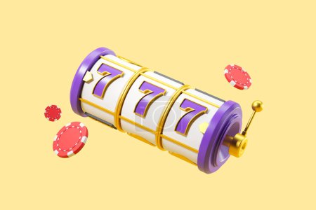 Photo for Casino jackpot 777 on yellow background. Purple and golden slot machine with flying chips. Concept of win. 3D rendering - Royalty Free Image