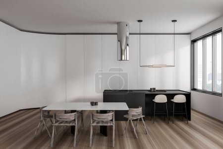 Photo for White kitchen interior with bar island and dining table with chairs. Panoramic window on Singapore skyscrapers. Hidden kitchen shelves on hardwood floor. 3D rendering - Royalty Free Image