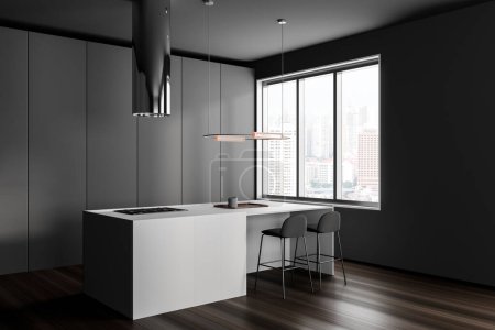 Photo for Dark kitchen interior with bar island and two chairs, side view, panoramic window on Singapore city view. Hidden kitchen appliances and stove with hood, hardwood floor. 3D rendering - Royalty Free Image