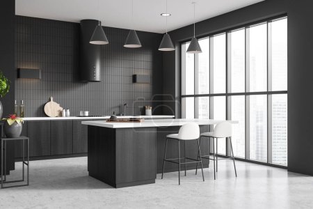 Foto de Interior de la cocina oscura con isla bar y zona de cocina con utensilios de cocina, vista lateral. Decoración minimalista y ventana panorámica en rascacielos. Renderizado 3D - Imagen libre de derechos