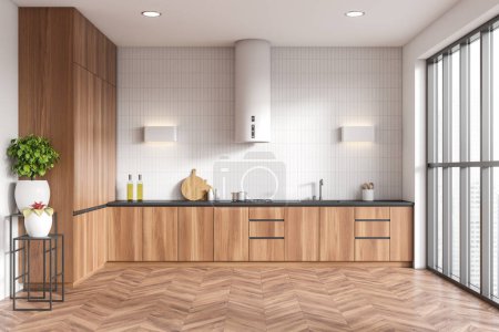 Stylish kitchen interior with cooking zone with sink, stove and hood. Wooden shelves, minimalist decoration and panoramic window on skyscrapers. 3D rendering