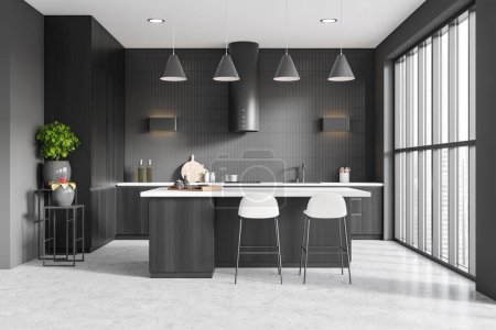Photo for Front view on dark kitchen room interior with grey tile wall, concrete floor, panoramic window, sink, island with barstools, kitchen hoods, oil. Concept of minimalist design. 3d rendering - Royalty Free Image