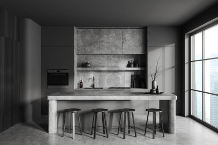 Photo for Dark kitchen interior with bar island and stool, minimalist kitchenware in cooking area with sink, stove and oven. Panoramic window on skyscrapers. 3D rendering - Royalty Free Image