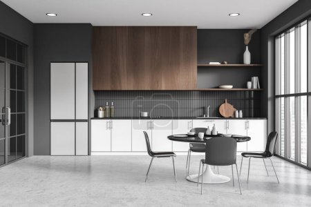 Photo for Modern kitchen interior with dining table and chairs, cooking area with kitchenware on grey concrete floor. Panoramic window on skyscrapers. 3D rendering - Royalty Free Image