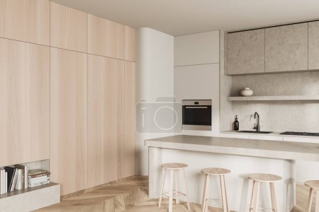Photo for Corner view on bright kitchen room interior with shelf with books, cupboard, white wall, oak wooden hardwood floor, sink, island with barstools. Concept of minimalist design. 3d rendering - Royalty Free Image