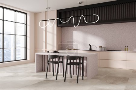 Photo for Beige kitchen interior with bar island and chairs on tile concrete floor, side view. Cooking corner with kitchenware and panoramic window on skyscrapers. 3D rendering - Royalty Free Image