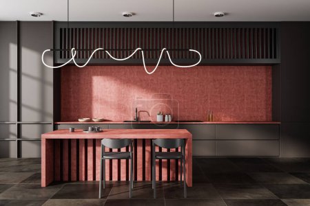 Photo for Red and brown kitchen interior with bar island and chairs on tile concrete floor. Hidden shelves design and kitchenware on deck, cooking area with lamp. 3D rendering - Royalty Free Image