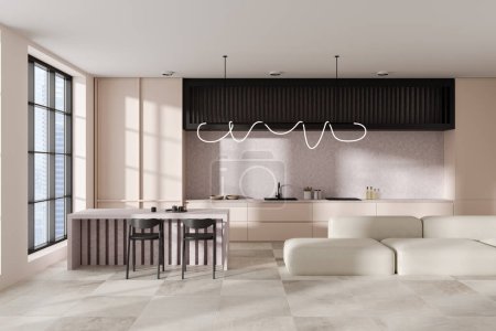 Photo for Beige studio interior with relaxing zone and cooking area with bar island, light concrete tile floor. Panoramic window on Singapore skyscrapers. 3D rendering - Royalty Free Image