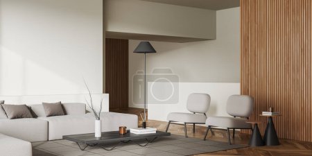 Téléchargez les photos : Salon beige intérieur avec canapé et fauteuils, table basse vue de côté avec décoration d'art sur tapis, parquet. Maquette de mur d'espace de copie. rendu 3D - en image libre de droit