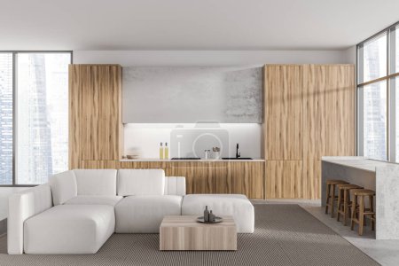 Photo for Modern studio interior with cooking and chill zone with sofa and coffee table, bar island and stool on grey concrete floor. Panoramic window on skyscrapers. 3D rendering - Royalty Free Image