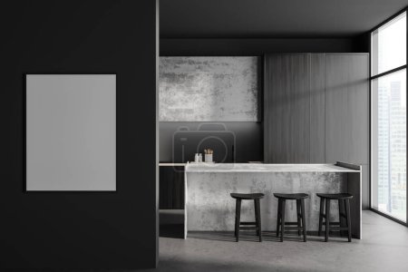Photo for Corner view on dark kitchen room interior with empty white poster, concrete floor, panoramic window with Singapore city view, sink, island with barstools. Concept of minimalist design. 3d rendering - Royalty Free Image