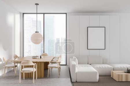 Photo for Front view on bright studio room interior with empty white poster, sofa, armchairs, dining table, white wall, coffee table, carpet, panoramic window, concrete floor. Minimalist design. 3d rendering - Royalty Free Image