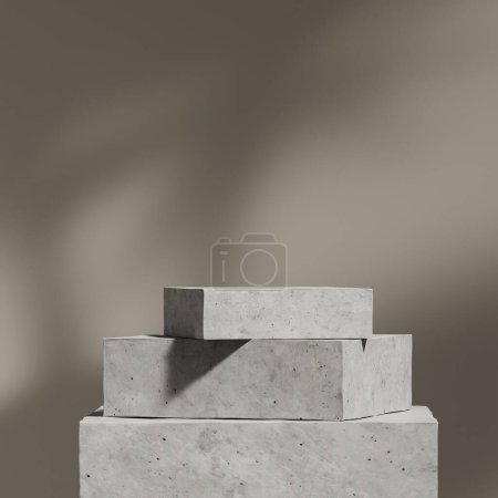 Photo for Row of concrete plates on empty grey blurred background, stone pedestal for presentation. Mockup for product display. 3D rendering - Royalty Free Image