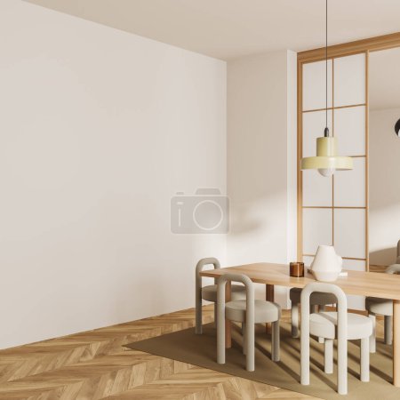Foto de Interior de la sala de estar beige con mesa de comedor y sillas, vista lateral, alfombra en suelo de madera. Mockup copia espacio vacío de la pared. Renderizado 3D - Imagen libre de derechos