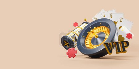 Photo for Casino roulette and flush royal poker cards, flying chips and slot machine on beige empty background. Concept of success and win. Copy space. 3D rendering - Royalty Free Image