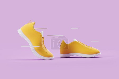 Téléchargez les photos : Paire de baskets jaunes se déplaçant sur fond violet. Concept de course et de sport. rendu 3D - en image libre de droit
