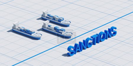 Photo for Three cargo ships with containers, aerial side view and blue restriction line on a paper sheet. Concept of sanctions and logistics. 3D rendering - Royalty Free Image