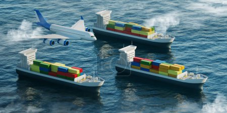 Photo for Airplane flying and three big cargo ships moving on water, top view. Concept of international logistics and delivery. 3D rendering - Royalty Free Image