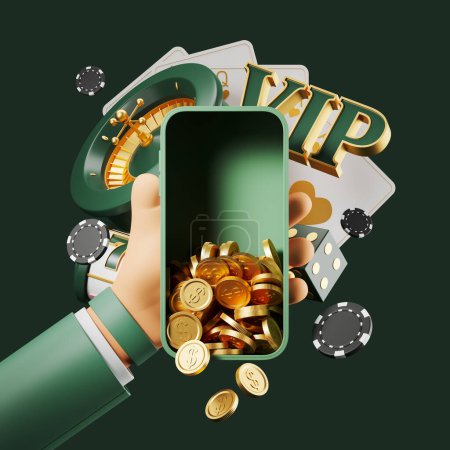 Photo for Cartoon hand and smartphone with falling coins, roulette and flush royal poker cards with dice on green background. Concept of victory and cash win. 3D rendering - Royalty Free Image