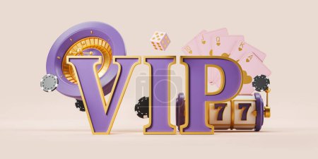 Photo for Large VIP letters with 777 jackpot with flush royal cards, chips and roulette with dice on pink background. Concept of win. 3D rendering - Royalty Free Image