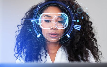 Foto de Black businesswoman portrait in vr glasses hologram, working with laptop. Digital headset with connection lines, computing and software. Concept of metaverse - Imagen libre de derechos