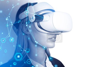 Photo for Businesswoman in vr glasses headset, side view portrait. Network hologram double exposure and circuit of connection in metaverse. Concept of futuristic technology. Copy space - Royalty Free Image
