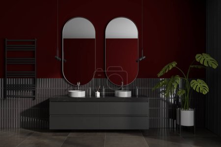 Photo for Dark red bathroom interior with double sink and dresser, mirror with bath accessories. Hotel bathing room with two washbasins. 3D rendering - Royalty Free Image