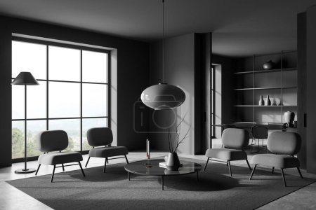 Photo for Dark living room interior with four armchairs and coffee table on grey concrete floor, side view. Eating zone with table and decoration. Panoramic window on countryside. 3D rendering - Royalty Free Image