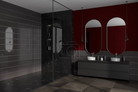 Photo for Dark red bathroom interior with double sink and shower, side view mirror and bath accessories. Hotel bathing corner with brown tile floor. 3D rendering - Royalty Free Image