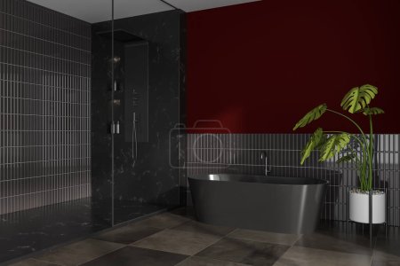 Téléchargez les photos : Salle de bain intérieure rouge foncé avec baignoire, douche et accessoires, coin bain avec plante sur sol en béton carrelé brun. Maquette de mur d'espace de copie. rendu 3D - en image libre de droit