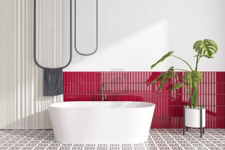 Téléchargez les photos : Intérieur de salle de bain blanche et rouge avec baignoire sur sol carrelage élégant. Zone de baignade avec porte-serviettes et rideaux, plante. rendu 3D - en image libre de droit
