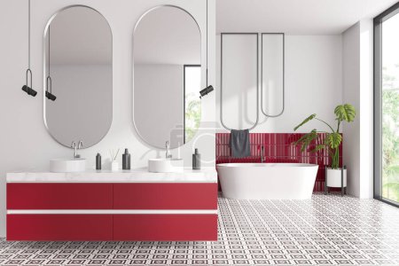 Photo for White and red bathroom interior with double sink and bathtub with towel rail, light modern tile floor. Bathing area with panoramic window on tropics. 3D rendering - Royalty Free Image