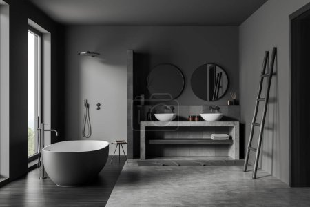 Foto de Dark bathroom interior with bathtub and double sinks with mirrors, douche and rail ladder near panoramic window on countryside. 3D rendering - Imagen libre de derechos