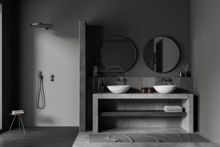 Photo for Front view on dark bathroom interior with shower, double sink, two round mirrors, concrete and wooden floor, grey walls, stool with towels, carpet. Concept of water treatment. 3d rendering - Royalty Free Image