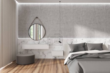 Photo for Light bedroom interior with bed and dressing table with mirror, panoramic window. Sleeping area and pouf on hardwood floor. 3D rendering - Royalty Free Image